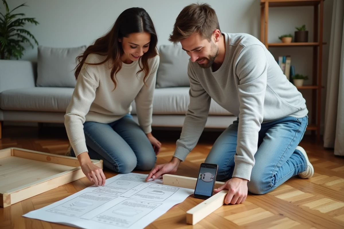 Couple assemblant un meuble en bois en suivant un tutoriel DIY vidéo sur smartphone dans un salon cosy