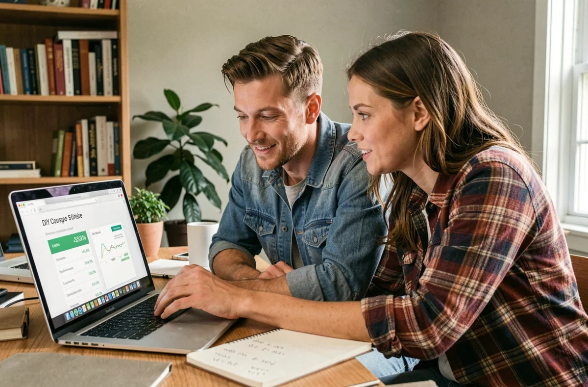 Couple comparant les prix et budgets d'une formation bricolage en ligne sur ordinateur portable à la maison