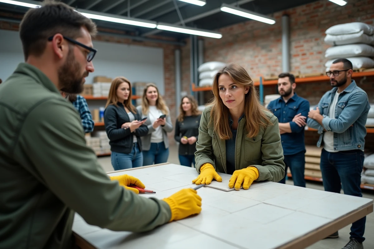 Atelier physique de bricolage avec instructeur montrant une technique de pose de carrelage à un groupe d'adultes