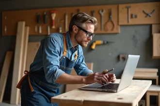 Homme en tablier de bricolage consultant un cours vidéo en ligne sur ordinateur portable dans un atelier fait maison