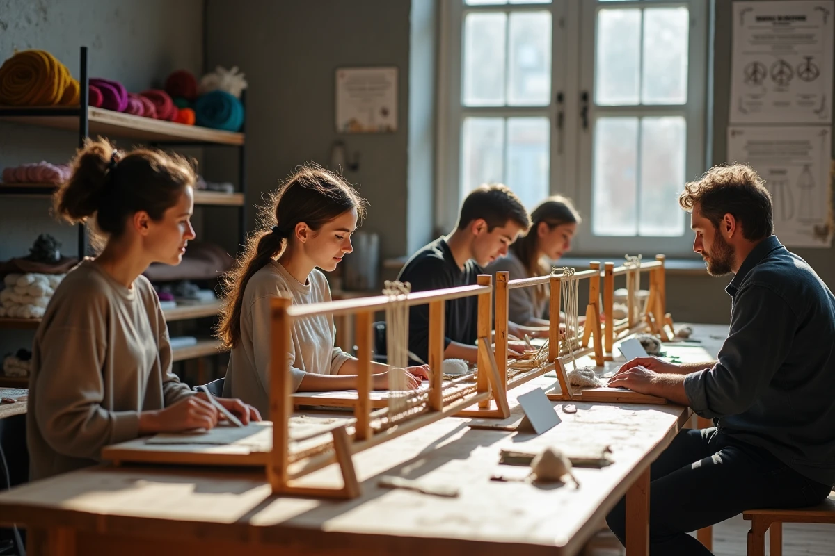 Groupe d'étudiants adultes apprenant le tissage gobelin dans une salle de cours spécialisée avec des métiers à tisser et des fils colorés