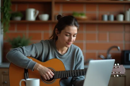 Femme adulte débutante apprenant la guitare acoustique en ligne depuis sa cuisine avec un laptop ouvert