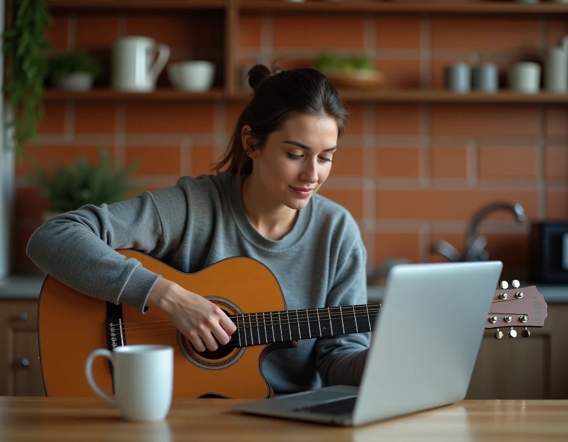 Femme adulte débutante apprenant la guitare acoustique en ligne depuis sa cuisine avec un laptop ouvert