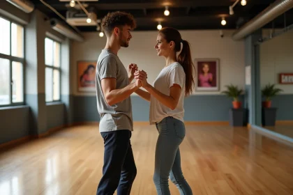 Jeune couple en danse en studio avec miroirs