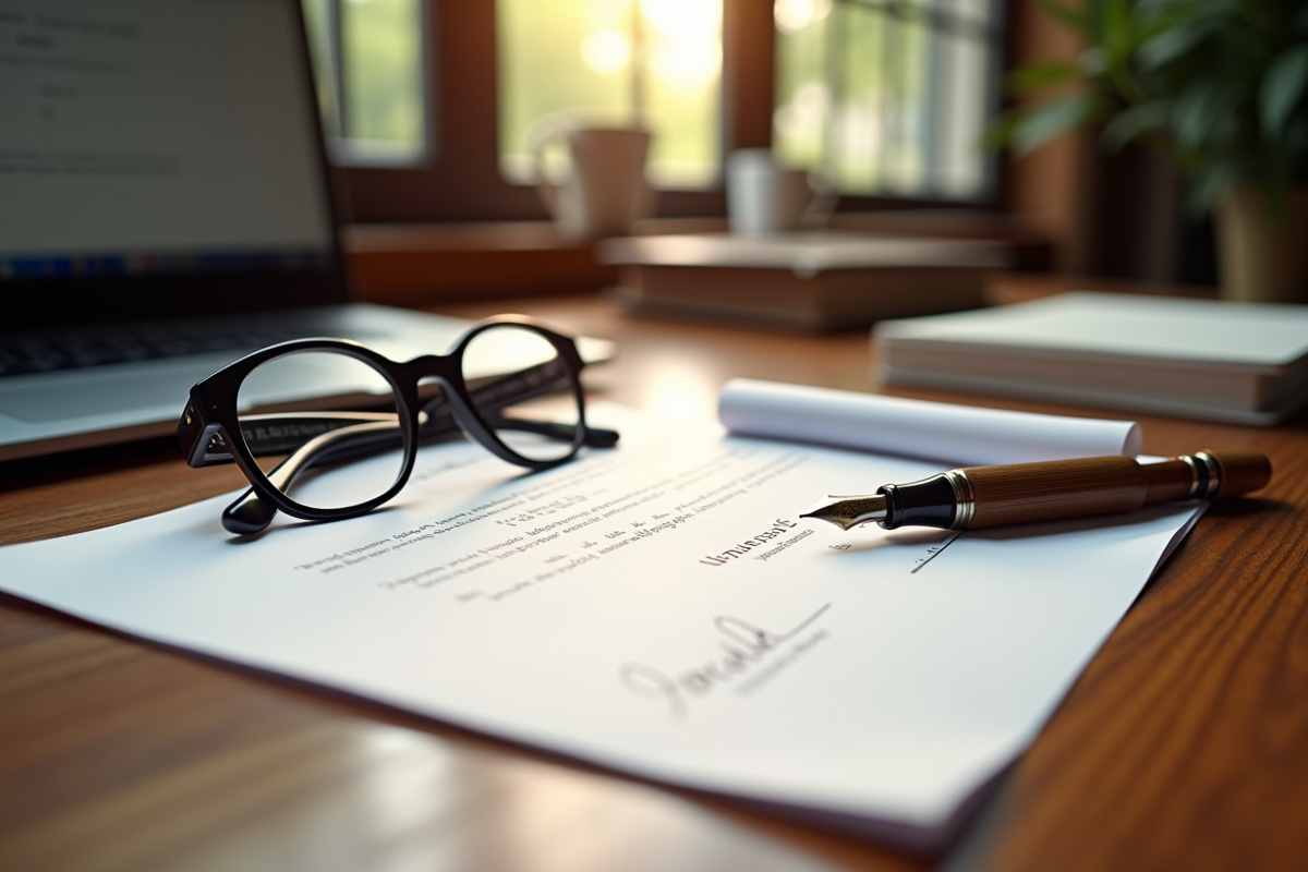 Diplome posé sur un bureau en bois avec lunettes et stylo plume