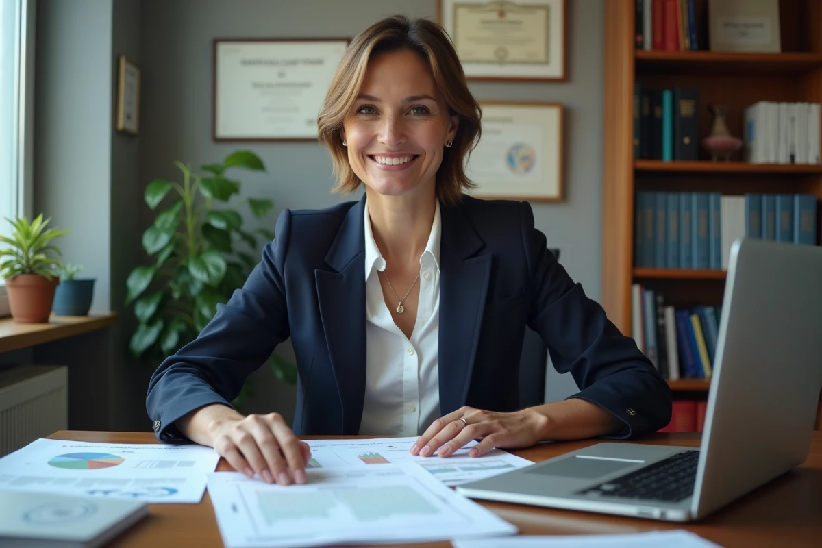 Directrice de lycée assise à son bureau avec des documents de classement scolaire et données d'effectifs