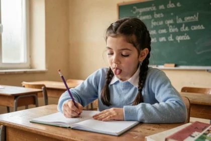 Écolière de CM1 écrivant des phrases dans son cahier en classe, exercice de grammaire sur les types de phrases