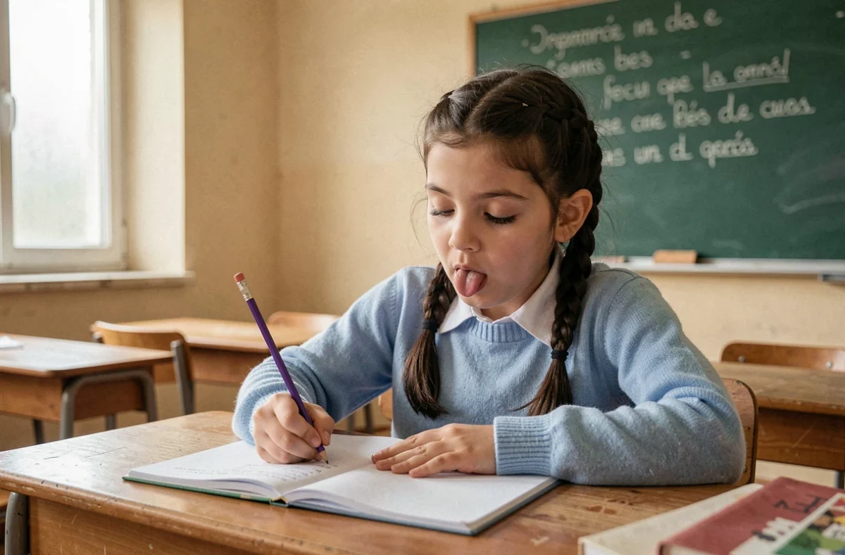 Écolière de CM1 écrivant des phrases dans son cahier en classe, exercice de grammaire sur les types de phrases