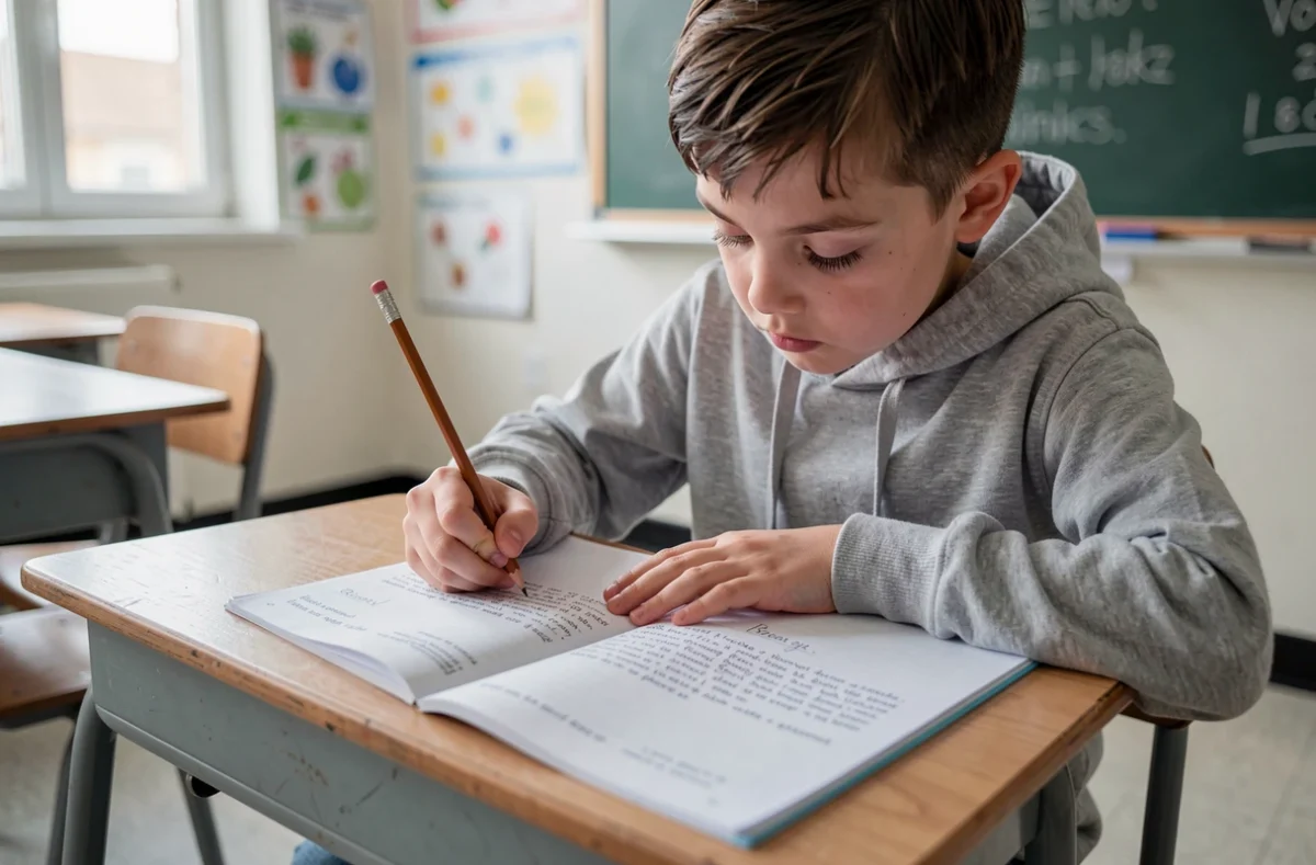 Jeune élève de primaire écrivant dans un livret d'évaluation scolaire Habilec