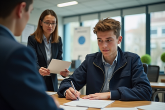 Jeune lycéen français signe un document dans un bureau scolaire