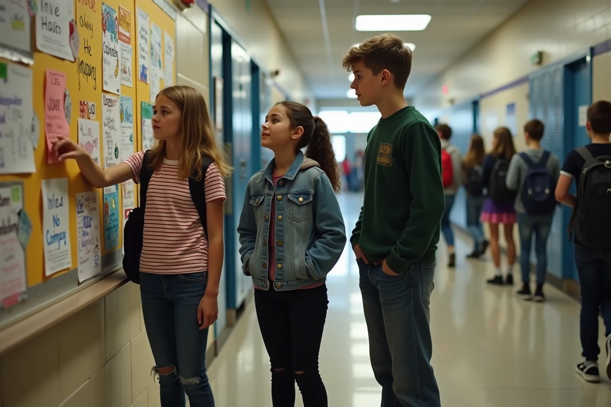 Groupe d'élèves discutant des affiches de campagne pour l'élection du délégué de classe dans un couloir scolaire