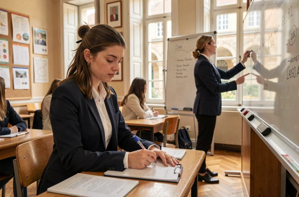 Étudiante prenant des notes en cours à l'École de Management Commercial du Jura à Dole (EMC Dole), dans un bâtiment scolaire traditionnel