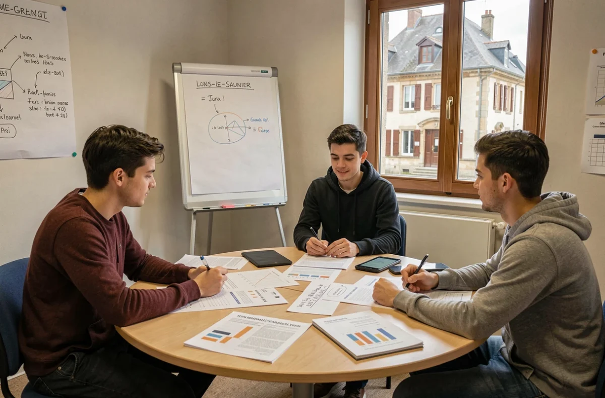 Étudiants en travail de groupe dans une salle de cours de l'École de Management Commercial du Jura à Lons-le-Saunier (EMC Lons)