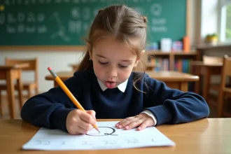 Jeune fille en classe qui s'entraîne à écrire la lettre Q majuscule attachée sur une fiche imprimée