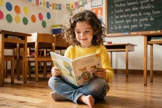 Jeune fille lisant un livre de poésie illustré dans une salle de classe colorée, apprenant la strophe de 6 vers
