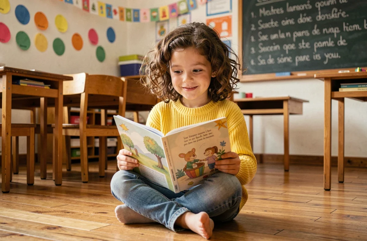 Jeune fille lisant un livre de poésie illustré dans une salle de classe colorée, apprenant la strophe de 6 vers