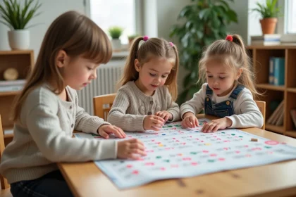 Trois enfants autour d'une table en classe avec un tableau de multiplication