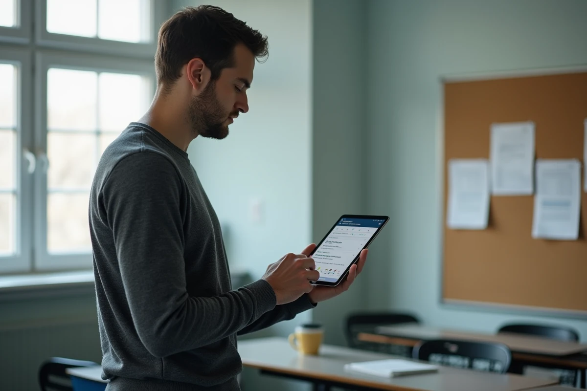 Enseignant néo-titulaire consultant IProf sur une tablette dans la salle des professeurs d'un établissement scolaire
