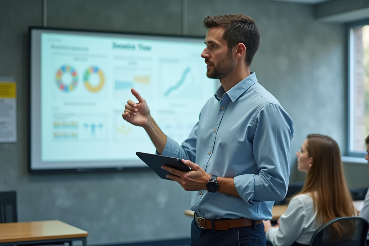 Enseignant consultant NetYParéo sur une tablette dans une salle de classe moderne