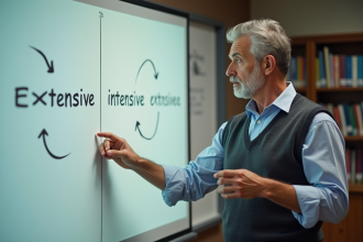 Professeur devant tableau avec diagrammes sur l'enseignement