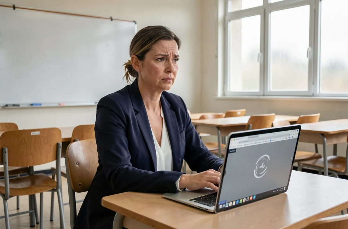 Enseignante patiente face à un chargement lent sur une plateforme numérique éducative dans une salle de classe
