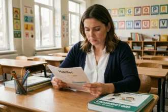 Enseignante évaluant un livret pédagogique Habilec dans une salle de classe primaire bien organisée