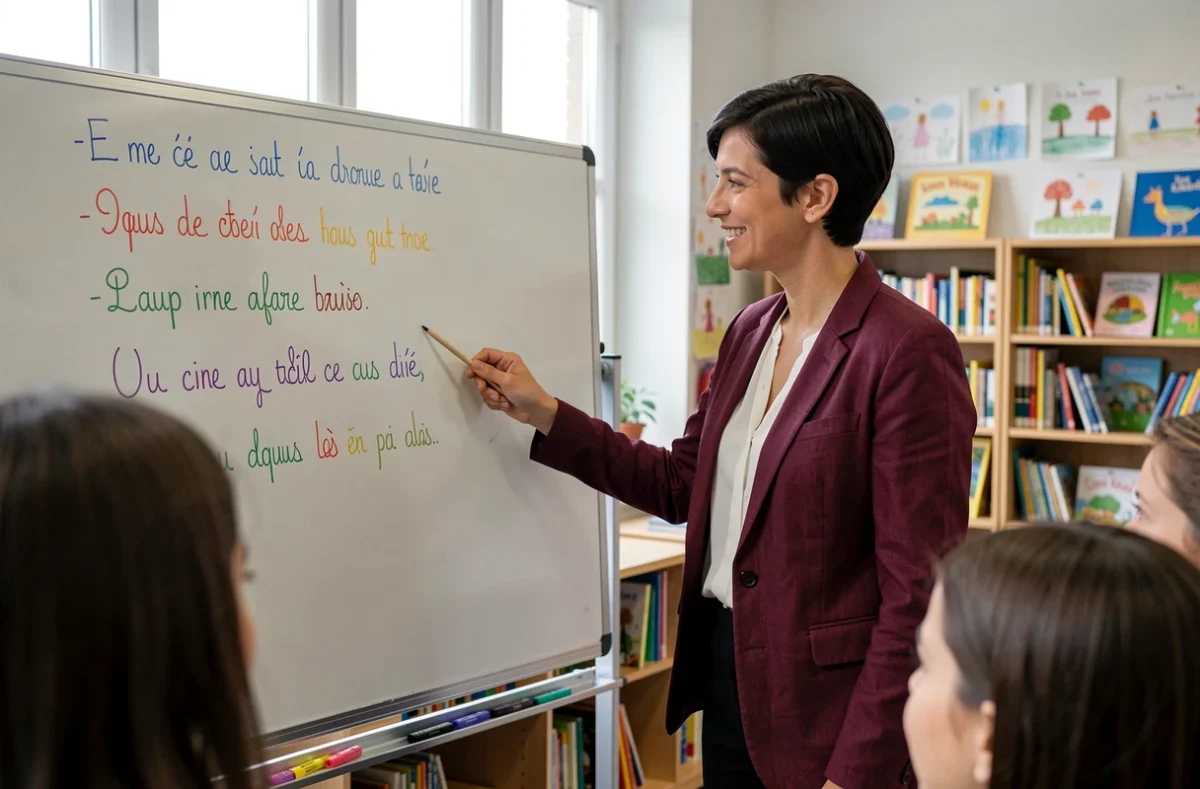 Enseignante expliquant une strophe de 6 vers au tableau dans une classe de primaire moderne