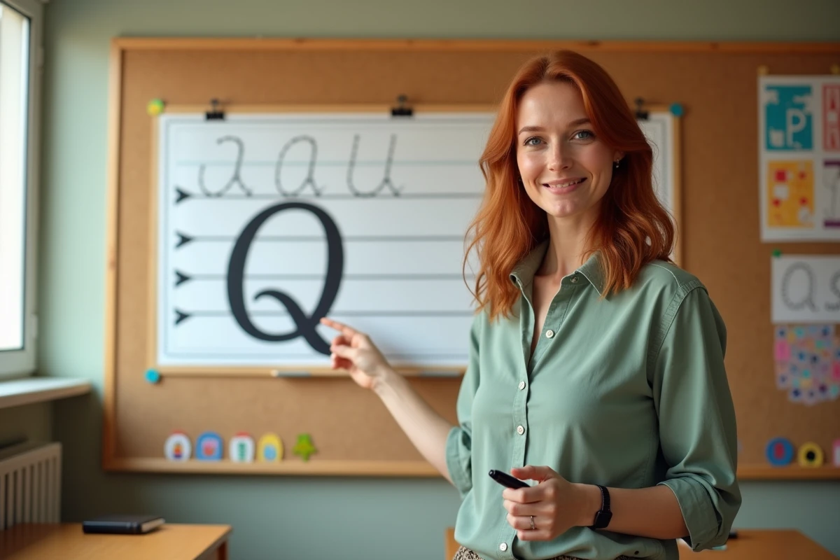Enseignante montrant un poster pédagogique avec la lettre Q majuscule attachée et les étapes de tracé dans une salle de classe