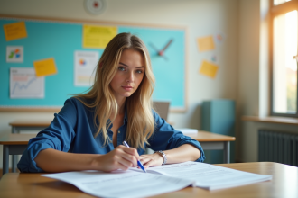Professeure française dans une classe moderne avec documents d'inscription