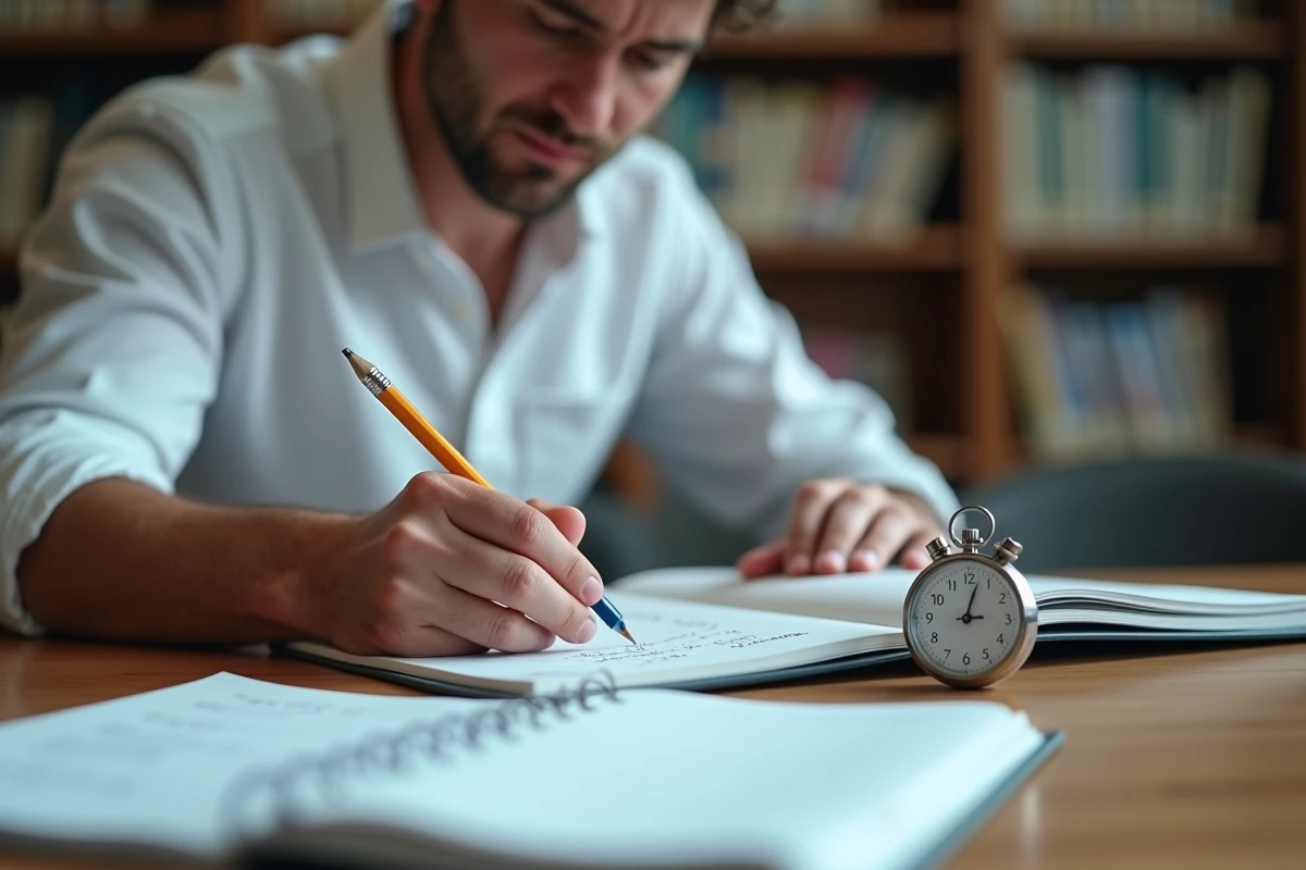 Homme s'entraînant aux tests psychotechniques en bibliothèque avec des cahiers d'exercices ouverts et un chronomètre sur la table