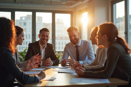 Groupe de professionnels en réunion dans un bureau lumineux