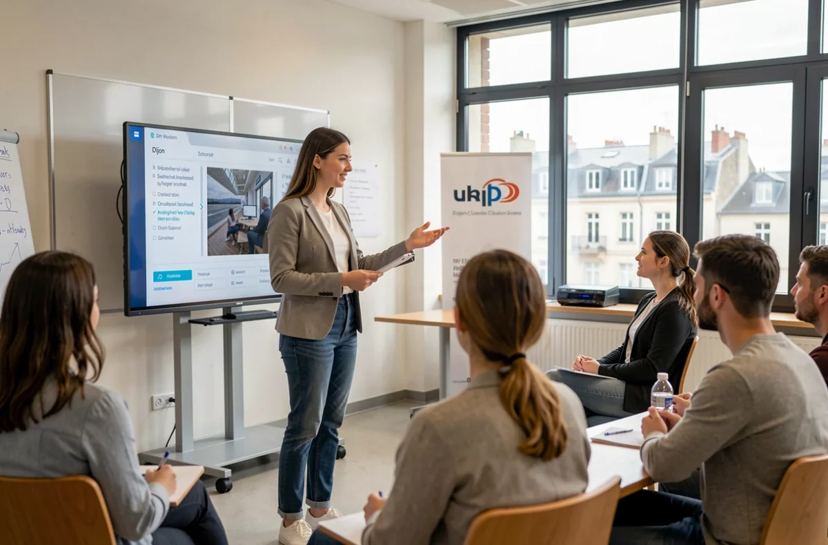 Étudiante présentant un projet commercial à ses pairs dans une salle de cours moderne de l'ESARC Dijon