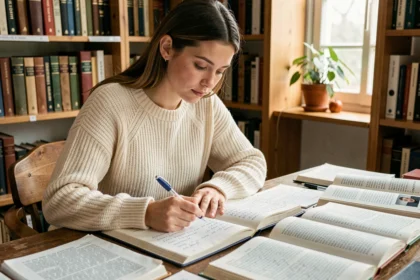 Jeune femme étudiant la conjugaison du passé simple du verbe manger avec des livres de grammaire française ouverts sur un bureau en bois