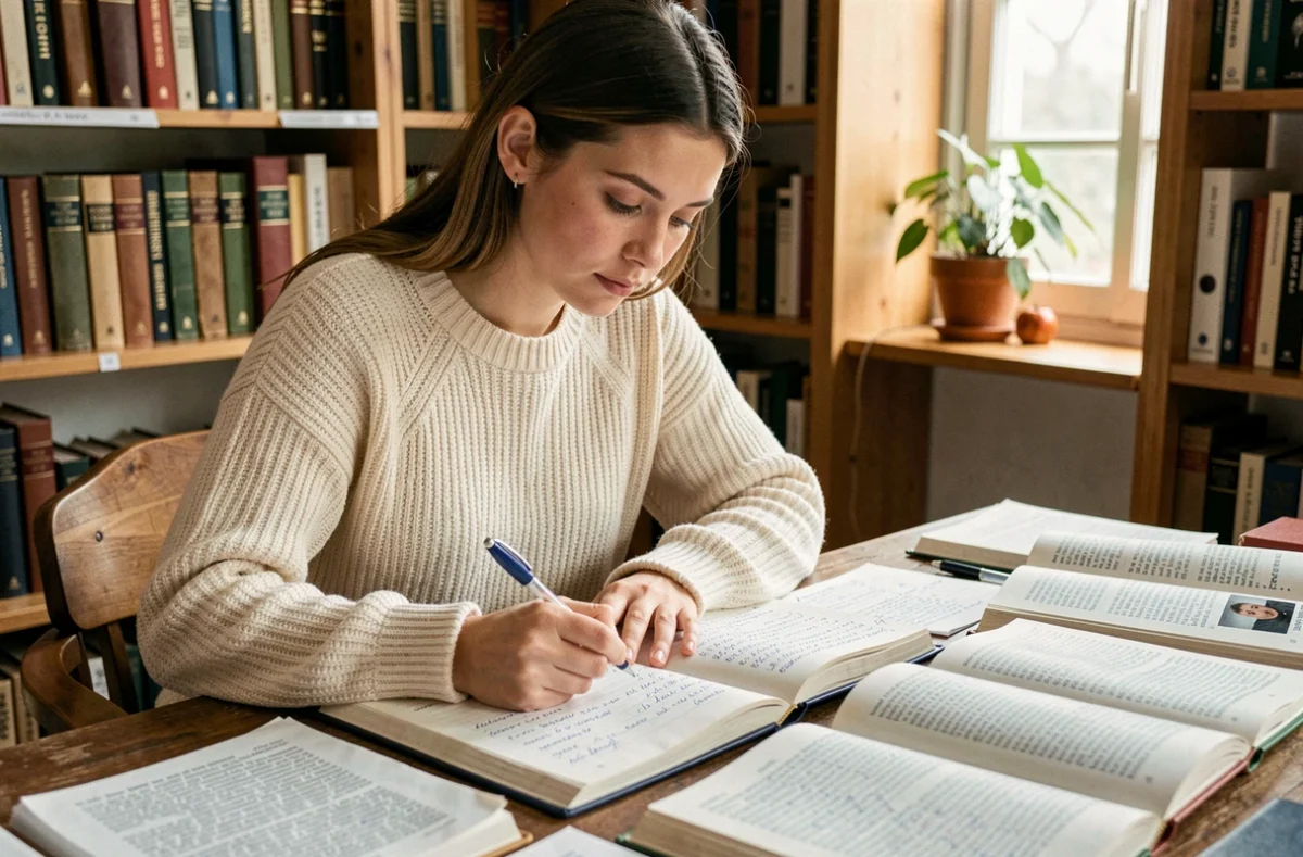 Jeune femme étudiant la conjugaison du passé simple du verbe manger avec des livres de grammaire française ouverts sur un bureau en bois