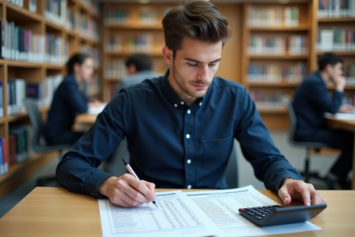 Étudiant en bibliothèque analysant ses coefficients et pondérations de notes pour le concours BCE