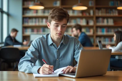 Jeune &eacute;tudiant en biblioth&egrave;que concentr&eacute; sur son ordinateur portable
