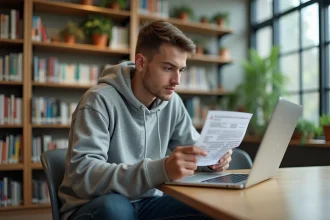 Jeune étudiant concentré à la bibliothèque avec son ordinateur