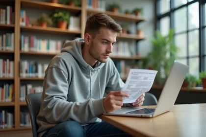 Jeune &eacute;tudiant concentr&eacute; &agrave; la biblioth&egrave;que avec son ordinateur