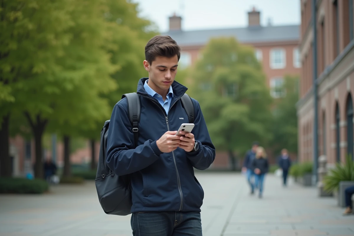Étudiant remplissant un dossier de candidature en ligne sur smartphone devant un campus universitaire parisien