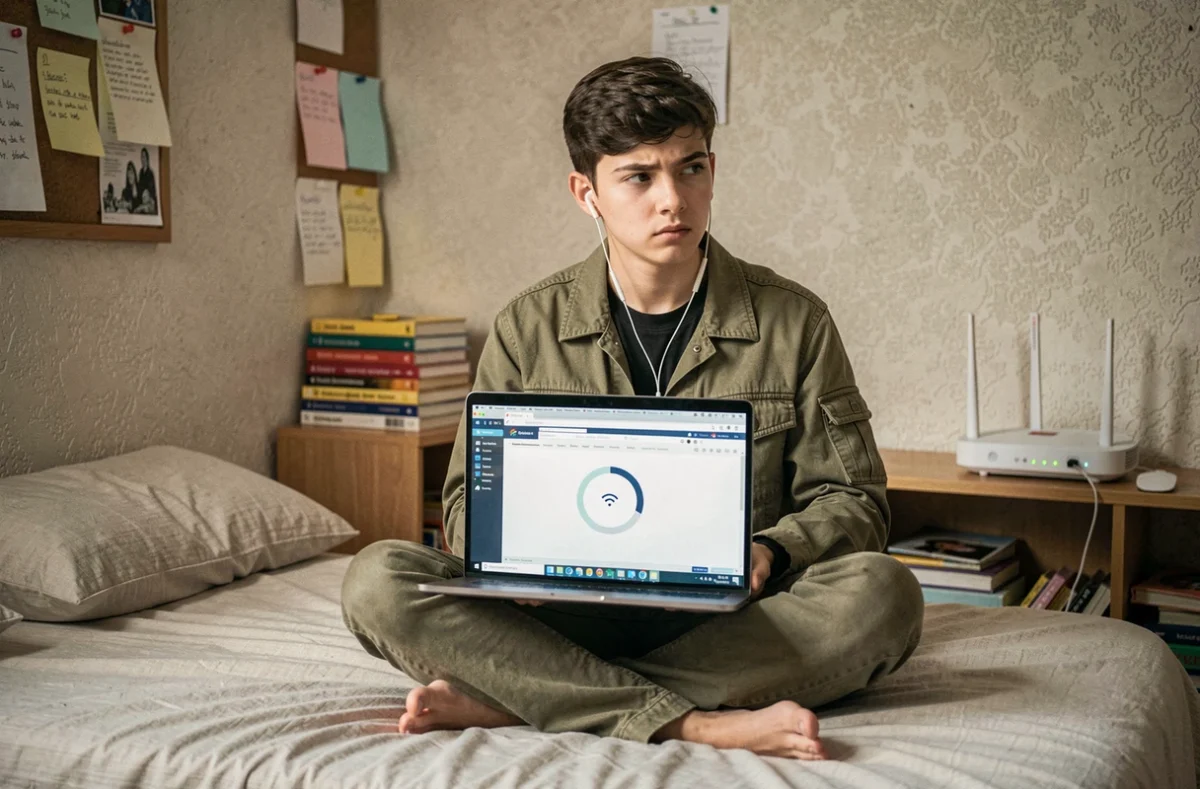 Étudiant adolescent impatient face à une connexion lente sur son ordinateur portable dans sa chambre