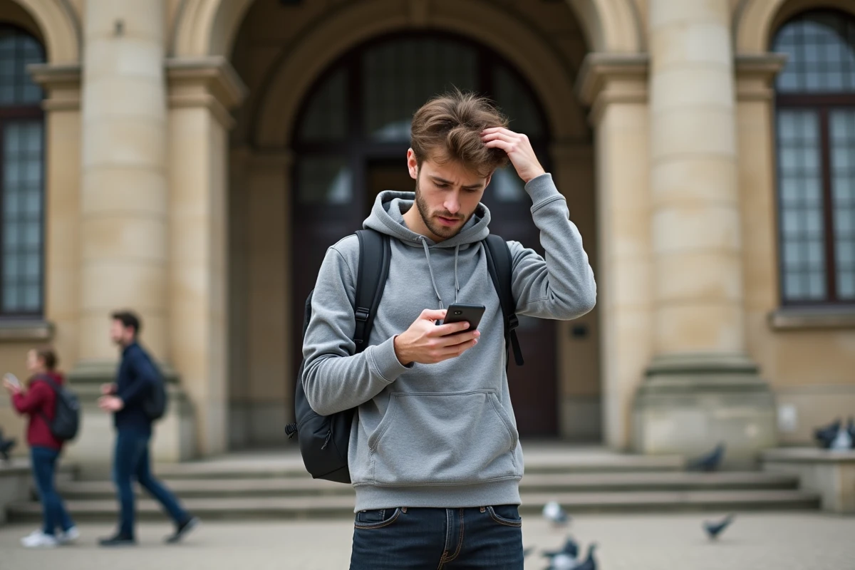 &Eacute;tudiant consulant son smartphone devant une universit&eacute; parisienne avec une expression inqui&egrave;te face &agrave; une erreur de candidature