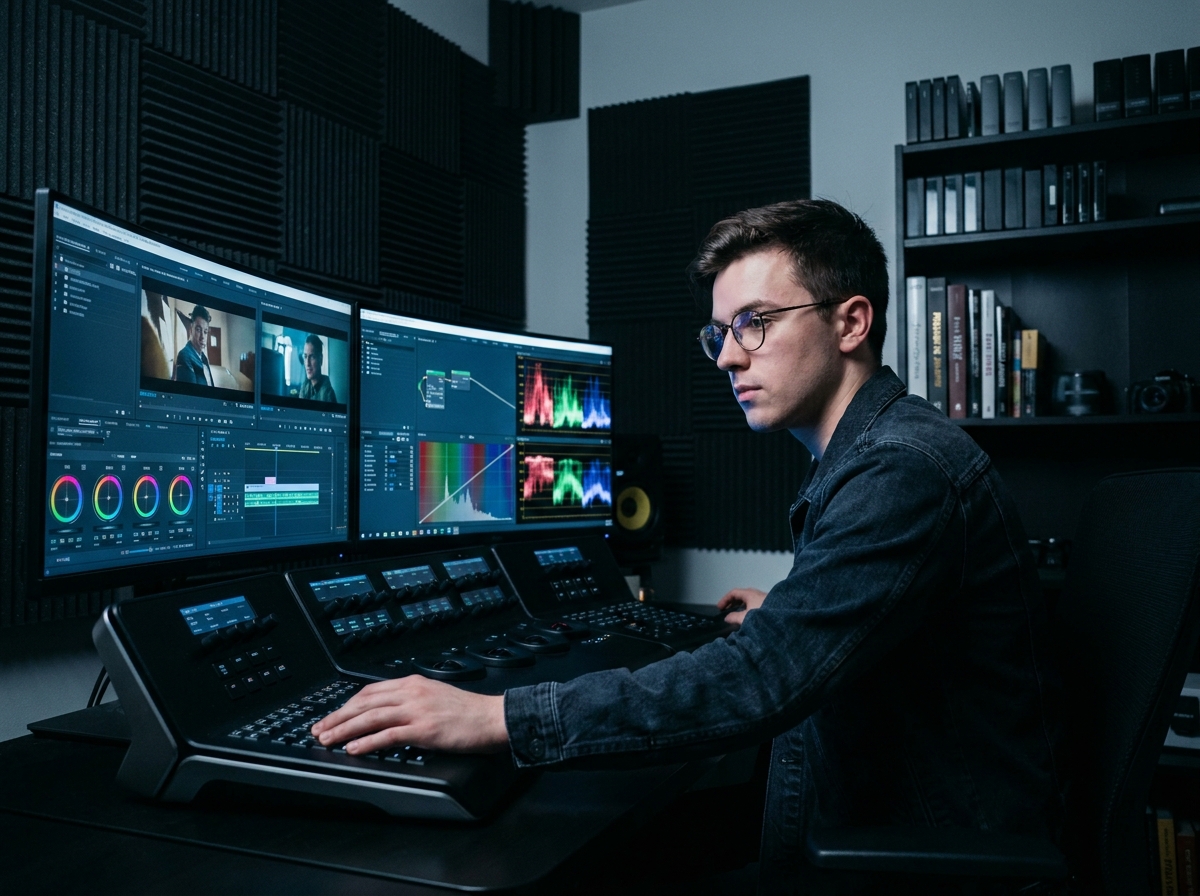 Étudiant en école de cinéma travaillant sur un logiciel d'étalonnage colorimétrique en salle de post-production