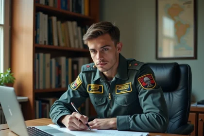 Jeune homme en combinaison de vol étudiant le financement de sa formation de pilote de chasse à son bureau