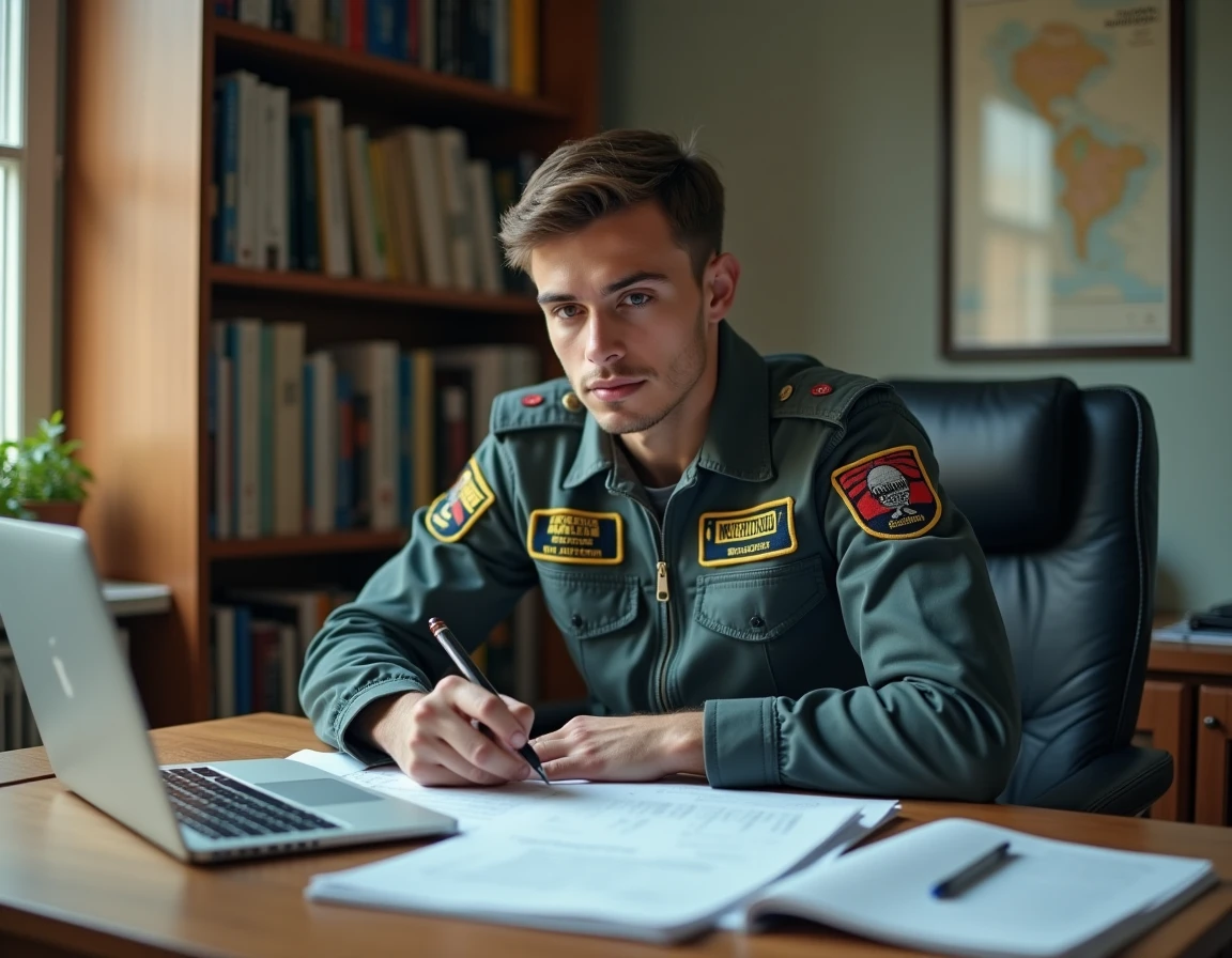 Jeune homme en combinaison de vol étudiant le financement de sa formation de pilote de chasse à son bureau