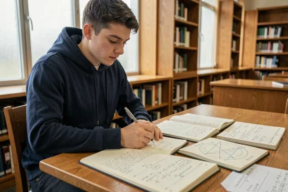 Étudiant en mathématiques révisant les formules trigonométriques cos cos sin sin dans une bibliothèque universitaire avec des notes manuscrites sur un bureau en bois