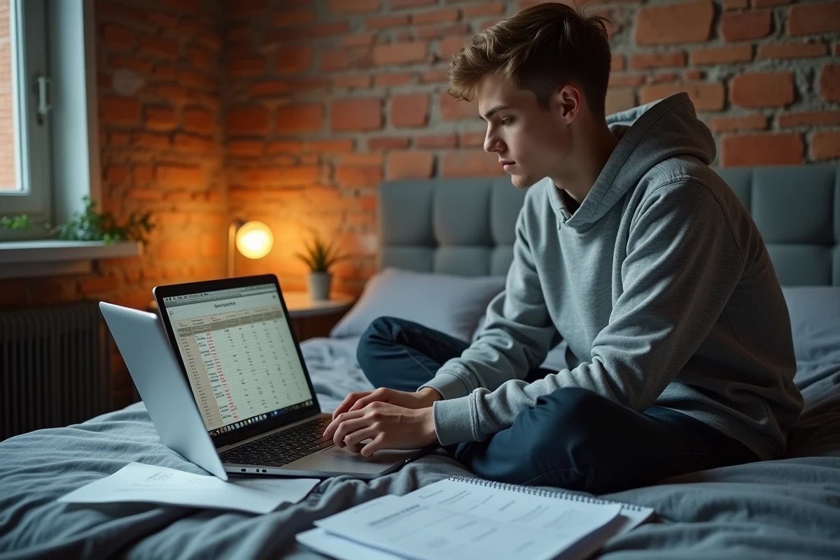 Étudiant consultant un tableau de notes pondérées par coefficient sur son ordinateur portable