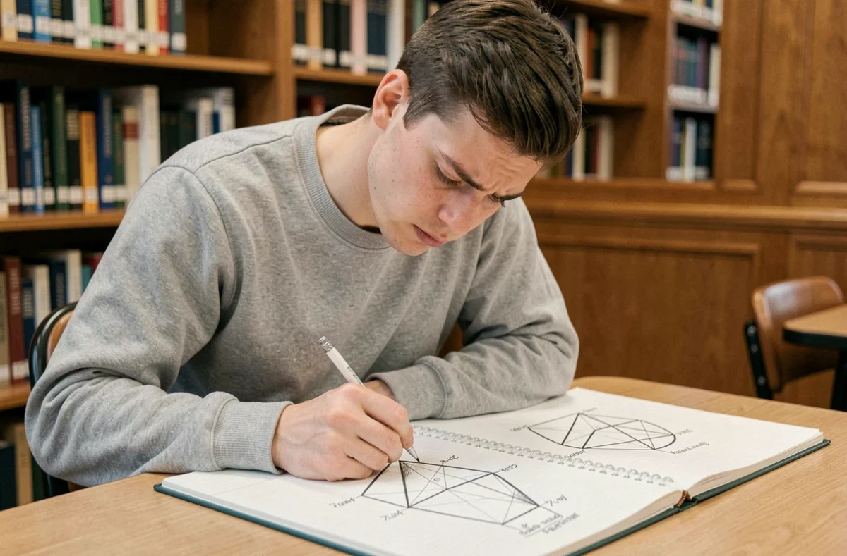 Étudiant dessinant les patrons d'une pyramide à base triangulaire et d'un tétraèdre dans un cahier quadrillé à la bibliothèque