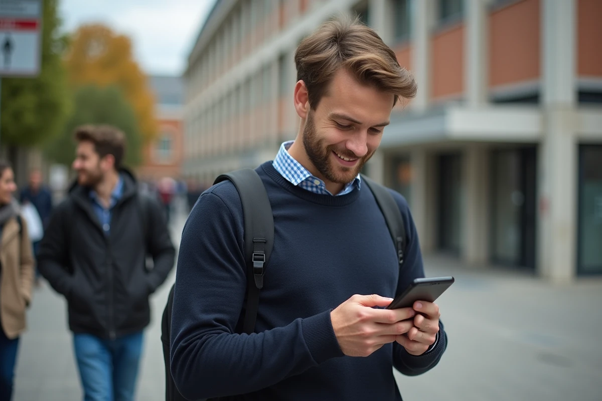 Etudiant satisfait vérifiant son smartphone en extérieur