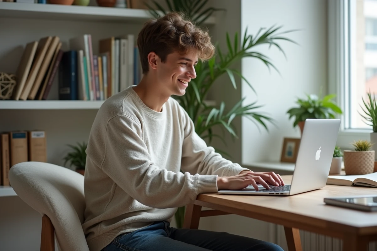 Étudiant universitaire souriant travaillant sur son ordinateur dans un appartement