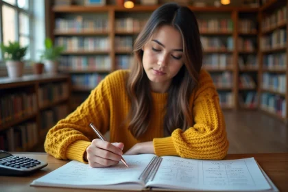 Étudiante calculant ses notes avec coefficients dans une bibliothèque universitaire